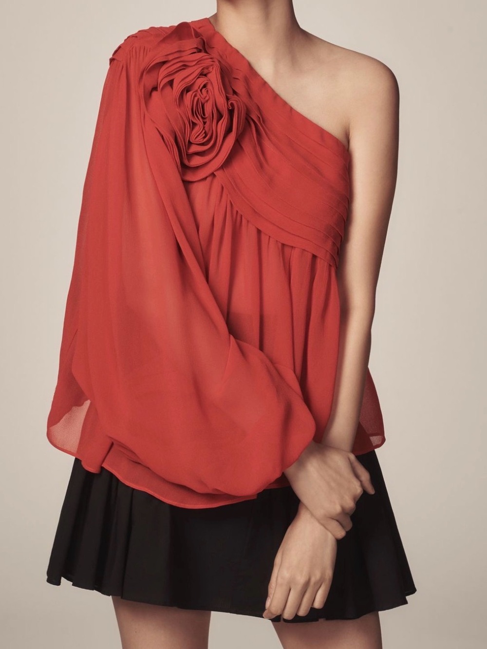 FARM Rio Anthropology One-Shoulder Red Rosette Blouse